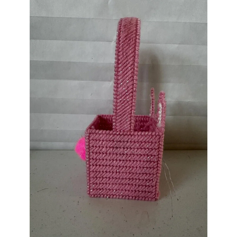 Mini Easter Basket with Pale Pink Sparkly Bunny Colorful Plastic Canvas Handmade